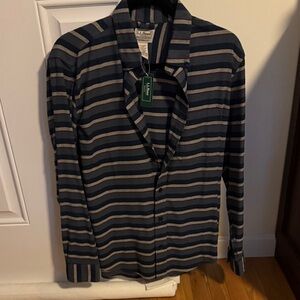 L.L. Bean Men's Navy and Gray Striped Casual Button-Down Shirt